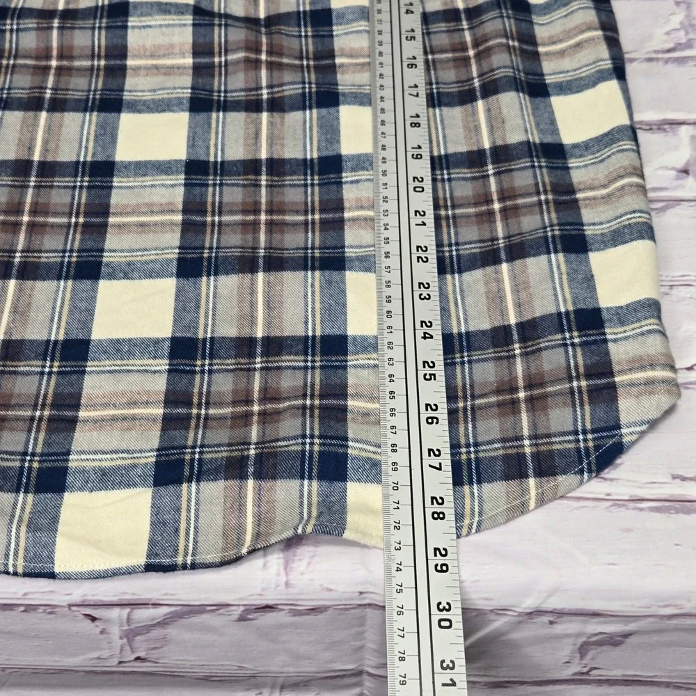 L.L.Bean Flannel Shirt Blue Brown Plaid Quarter Zip Soft Cotton Mens Large L